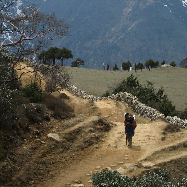 A hiker with a large backpack walks along a winding dirt trail in a mountainous landscape, with snow-capped peaks in the distance and a grassy hillside with sparsely dotted trees under a cloudy sky.
