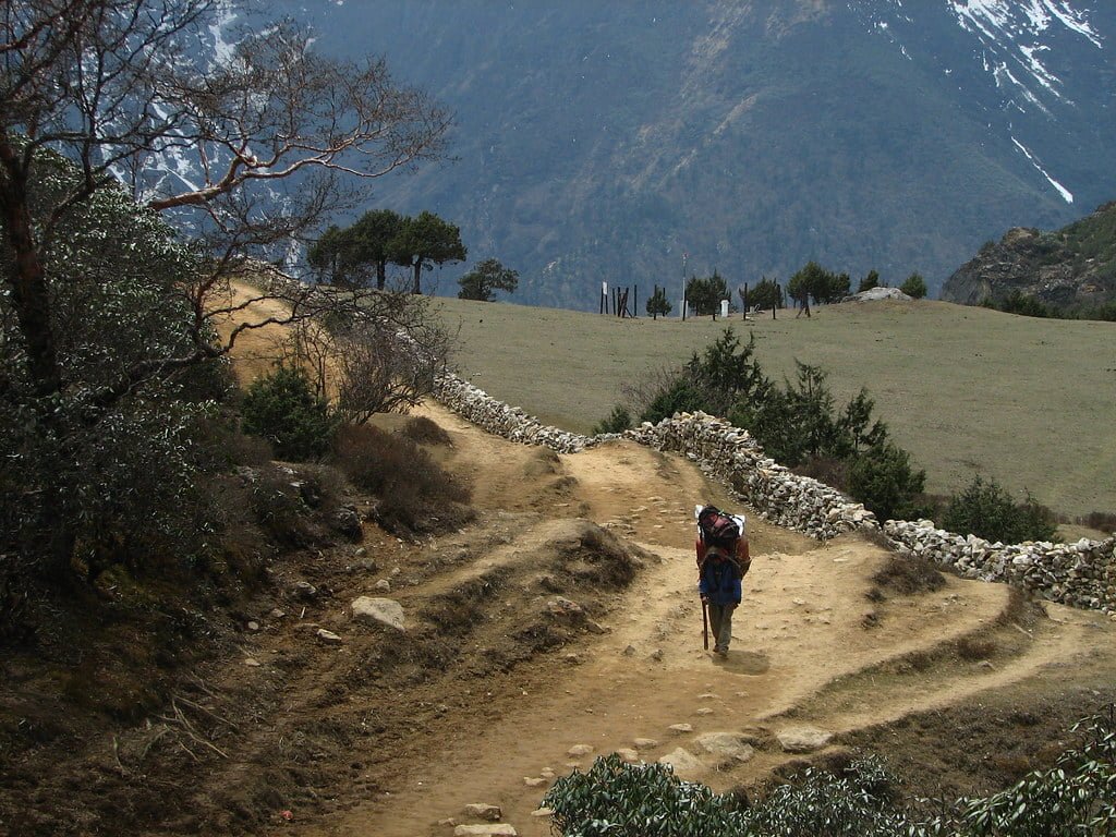 A hiker with a large backpack walks along a winding dirt trail in a mountainous landscape, with snow-capped peaks in the distance and a grassy hillside with sparsely dotted trees under a cloudy sky.