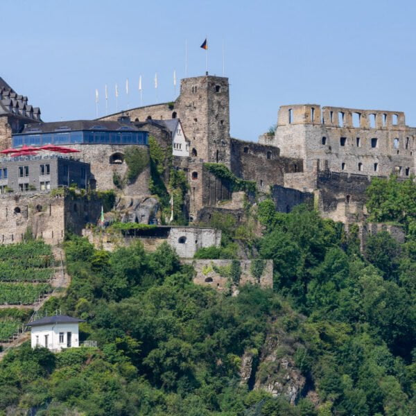 Alt text: A panoramic view of a large medieval castle perched atop a lush, green hillside with a section converted into a hotel, flanked by terraced vineyards and a small white building at its base.