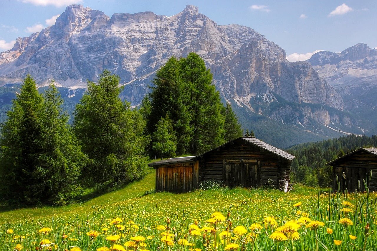 A picturesque landscape featuring a blooming meadow with yellow flowers, traditional wooden cabins, lush green trees, and majestic mountains in the background under a blue sky with scattered clouds.