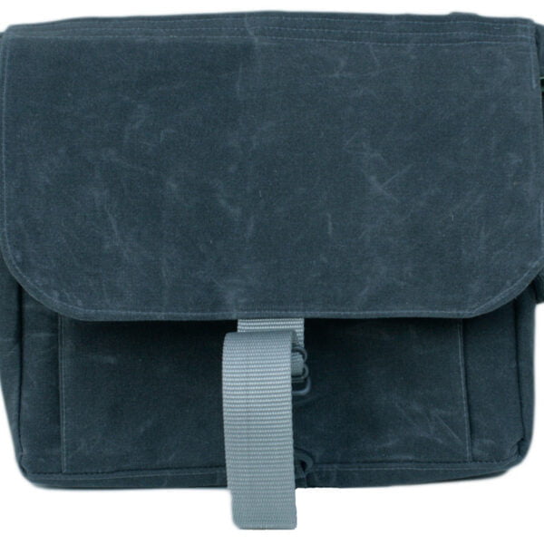 A black canvas messenger bag with a front flap and a gray adjustable shoulder strap.