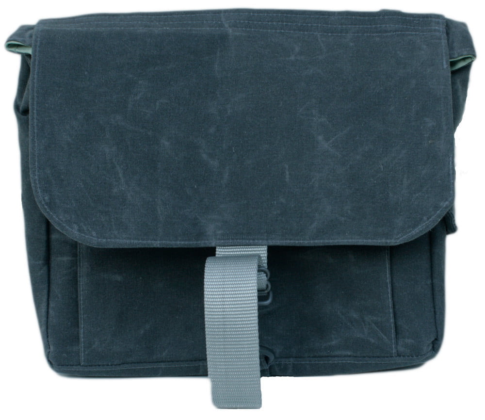 A black canvas messenger bag with a front flap and a gray adjustable shoulder strap.
