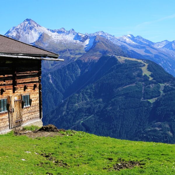 A rustic wooden cabin on a grassy hillside with scenic views of snow-capped mountains in the distance.