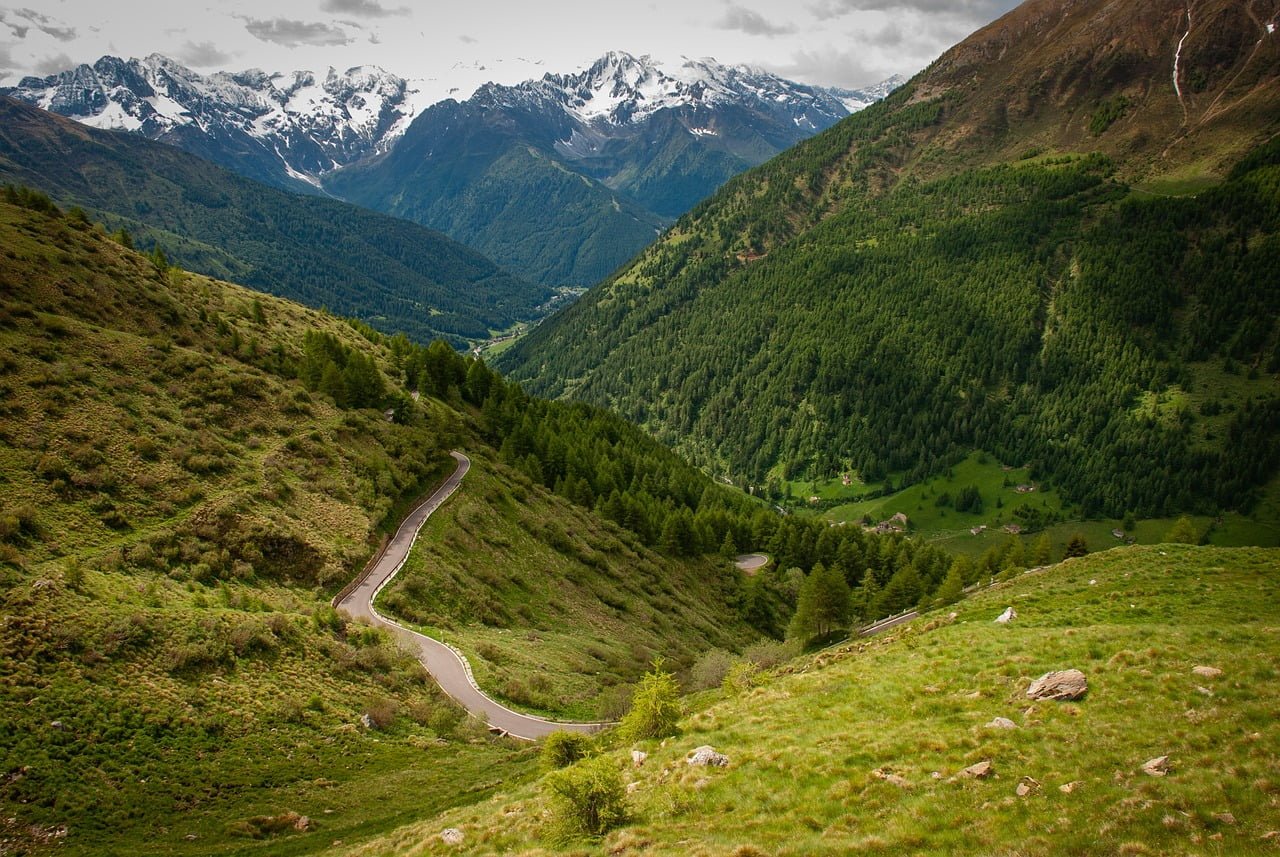 A winding mountain road cuts through a lush green landscape with dense forests and a backdrop of snow-capped mountains.