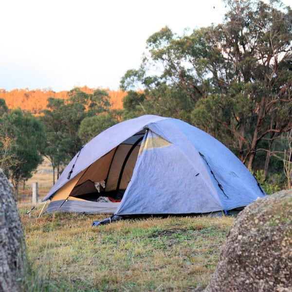 A blue camping tent pitched in a natural grassy area surrounded by trees and rocks, with a hilly background lit by the soft glow of sunrise or sunset.