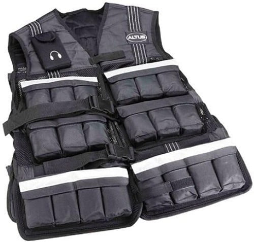 A black weighted training vest with multiple front pockets and reflective stripes.