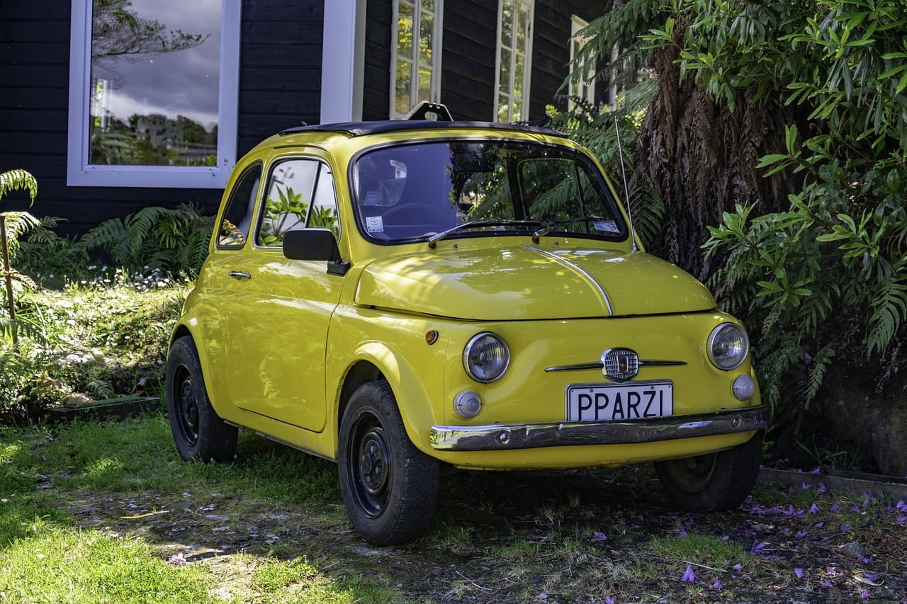 A bright yellow vintage Fiat 500 car parked next to a house with dark wooden siding, surrounded by green plants and scattered purple flowers on the ground.