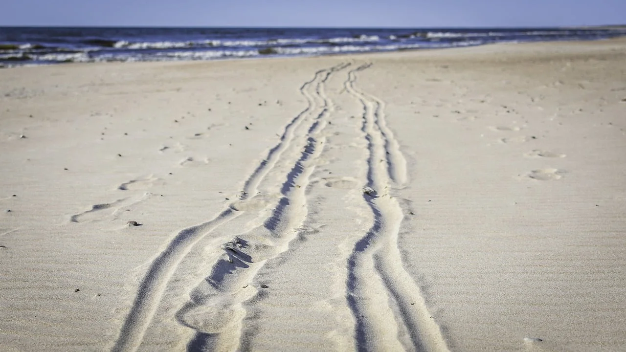 Tire tracks and footprints create parallel patterns in the sand leading toward the ocean on a beach.
