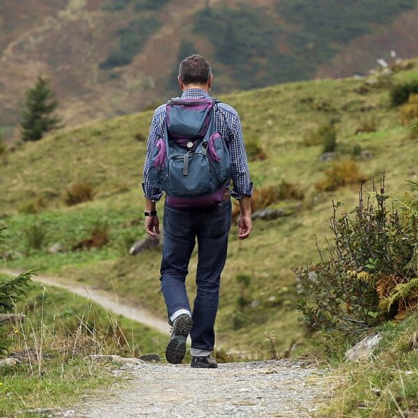 A man with a backpack walking away on a mountain trail, surrounded by grass and shrubs with hills in the background.