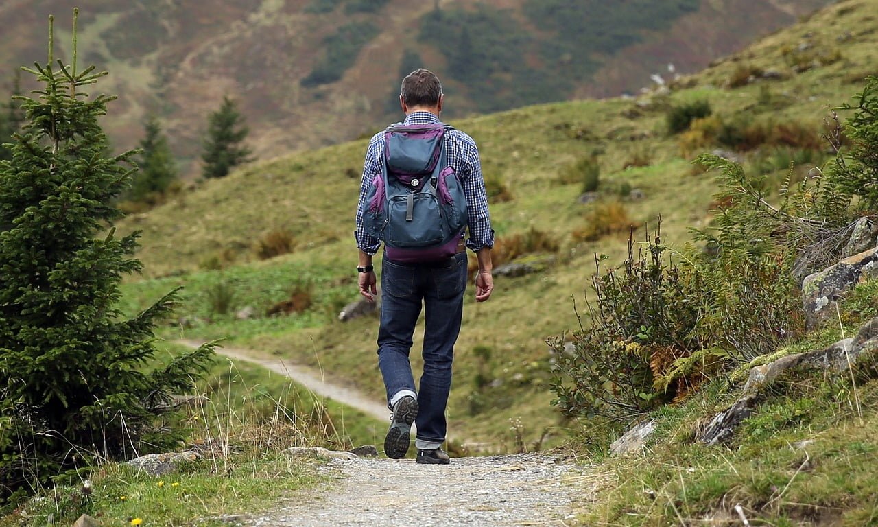 A man with a backpack walking away on a mountain trail, surrounded by grass and shrubs with hills in the background.