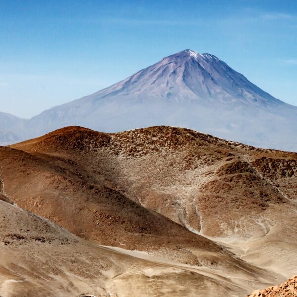 Desert landscape with rolling hills in the foreground and a snow-capped volcano in the background under a clear blue sky.