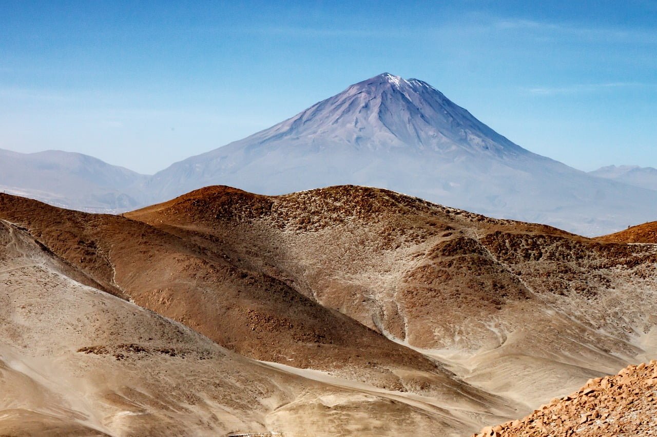 Desert landscape with rolling hills in the foreground and a snow-capped volcano in the background under a clear blue sky.