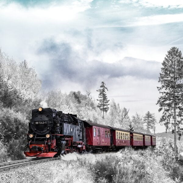 A vintage steam locomotive pulling red passenger cars through a scenic landscape with trees and cloudy skies.