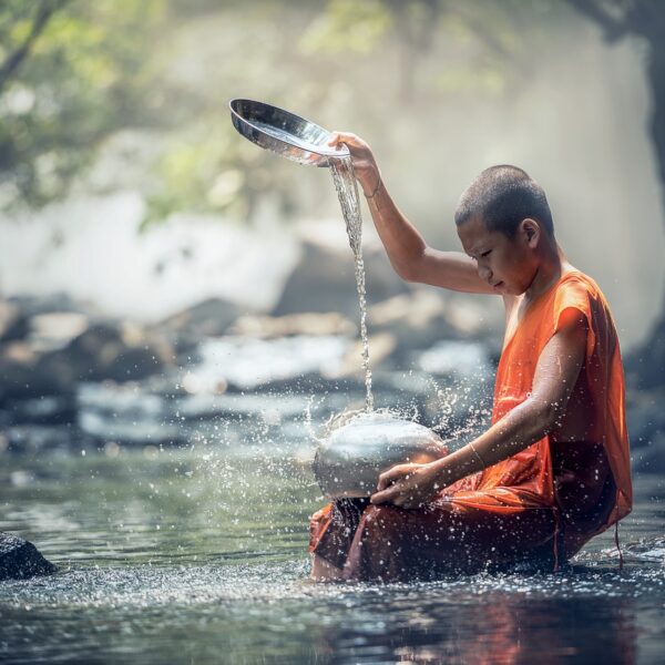 A young monk in an orange robe is sitting on a rock, pouring water from a bowl into a stream surrounded by nature.